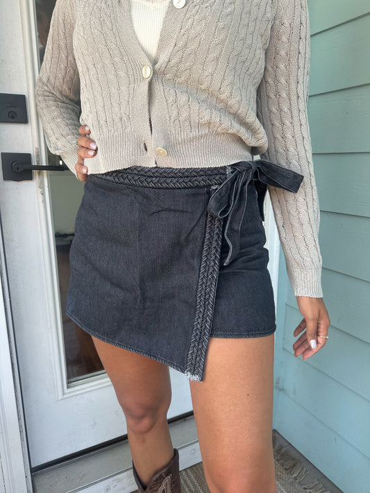 Braided Denim Wrap Skort